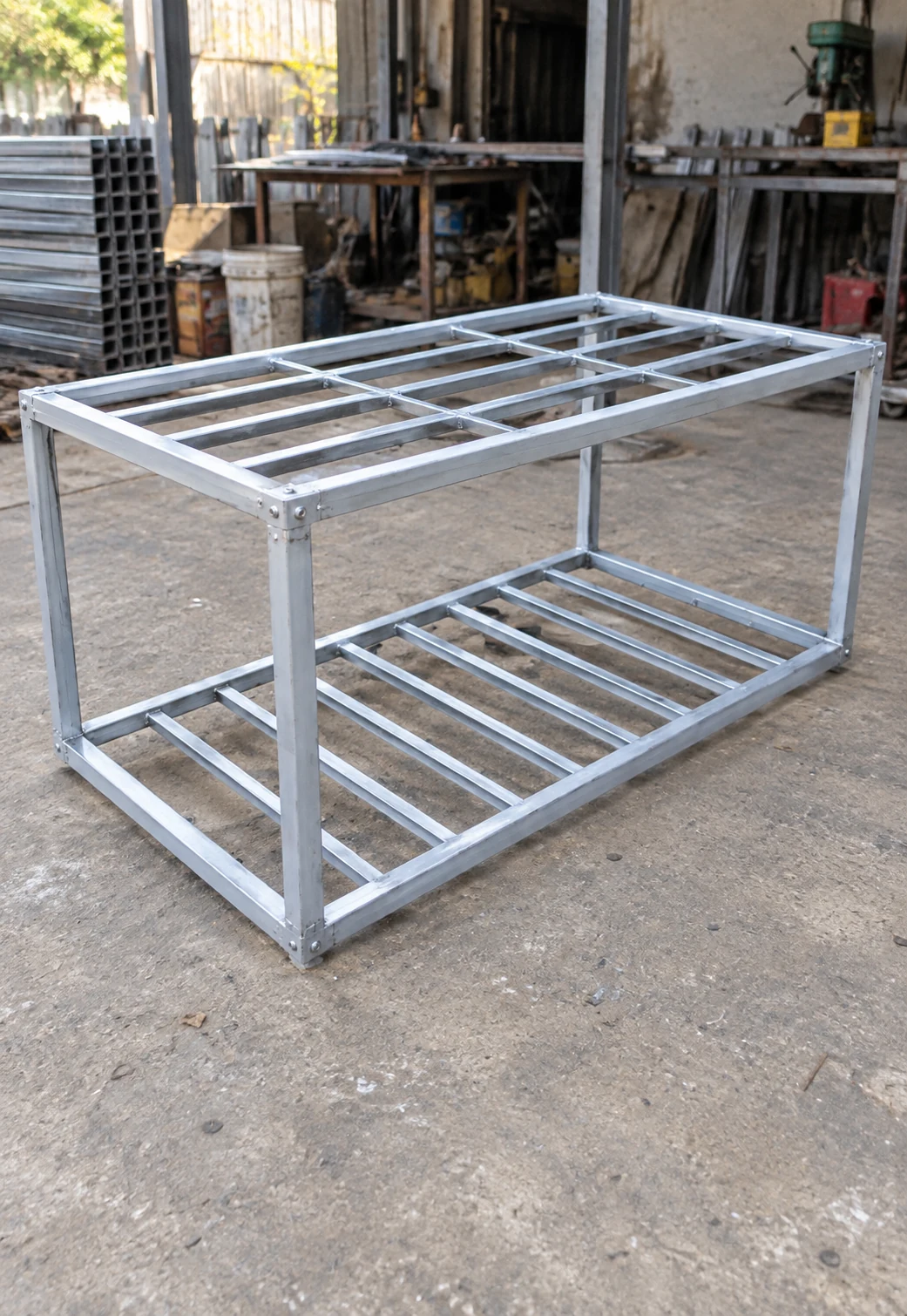 Reference bolted steel module frame photographed in a workshop