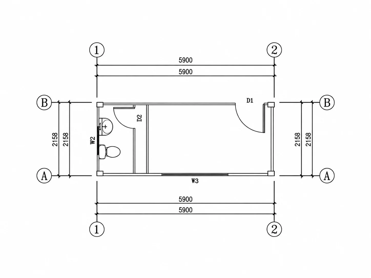 Reference floor-plan drawing showing a room and washroom fittings