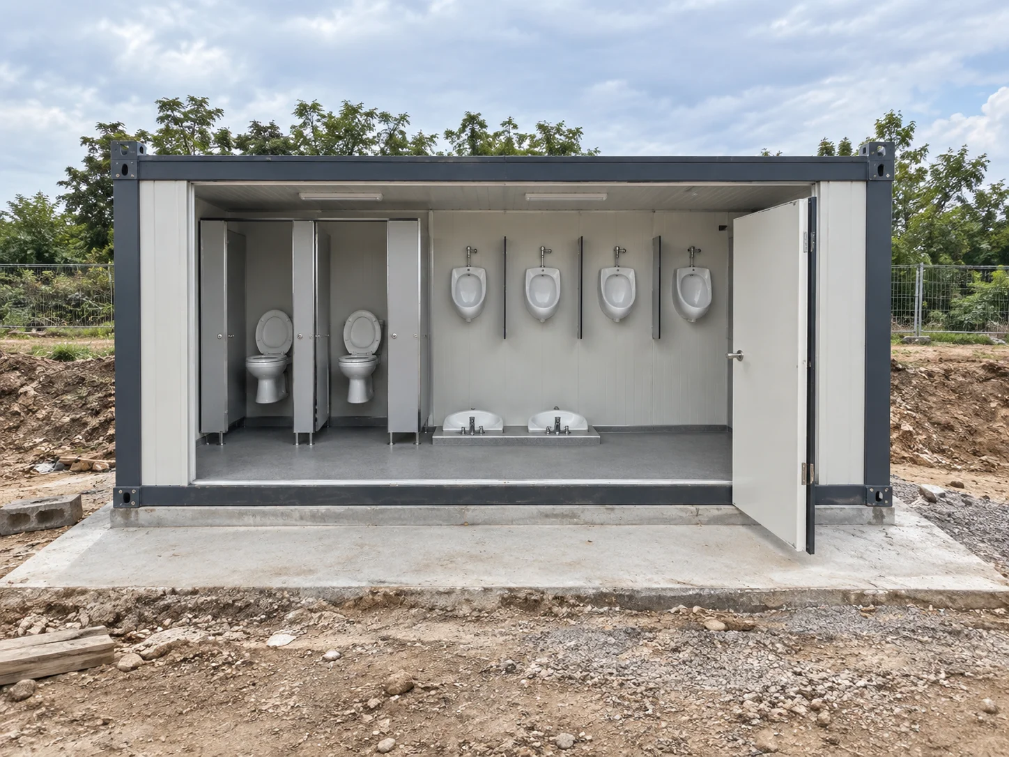 Reference washroom module with toilets and wall-mounted urinals