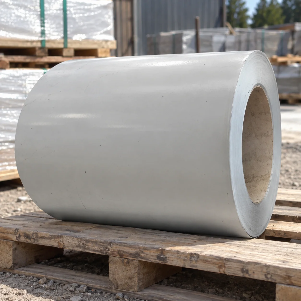 Reference plain light-coloured sheet coil on a pallet