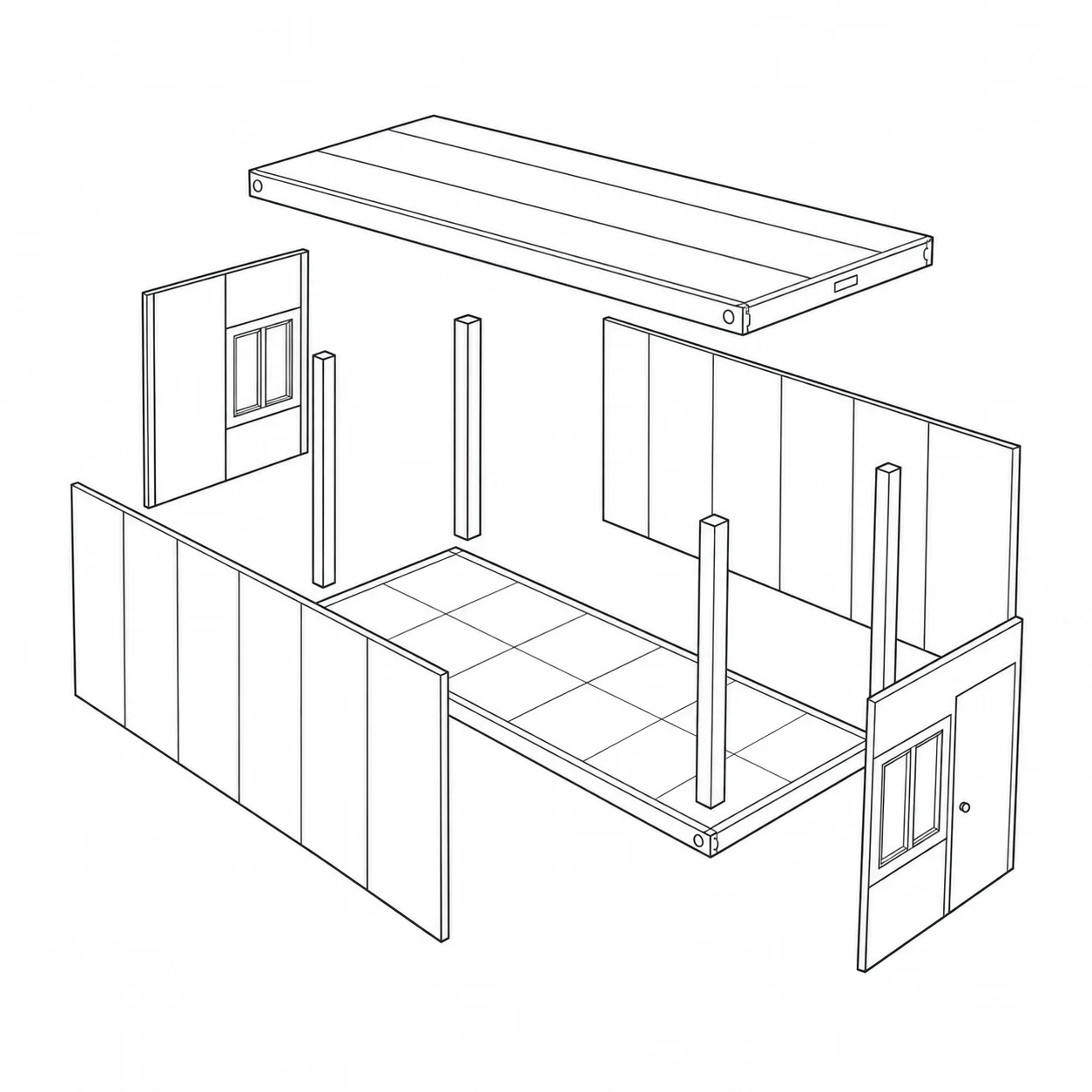 Reference exploded line drawing showing modular walls and roof components