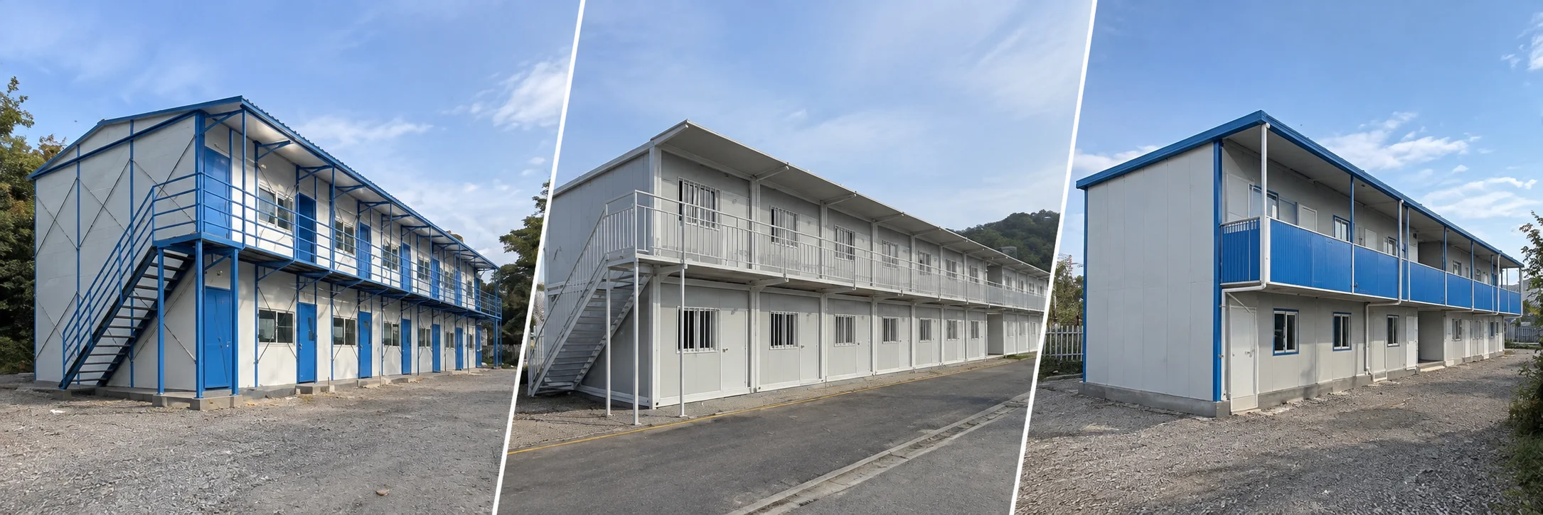Reference montage of blue-and-white modular buildings