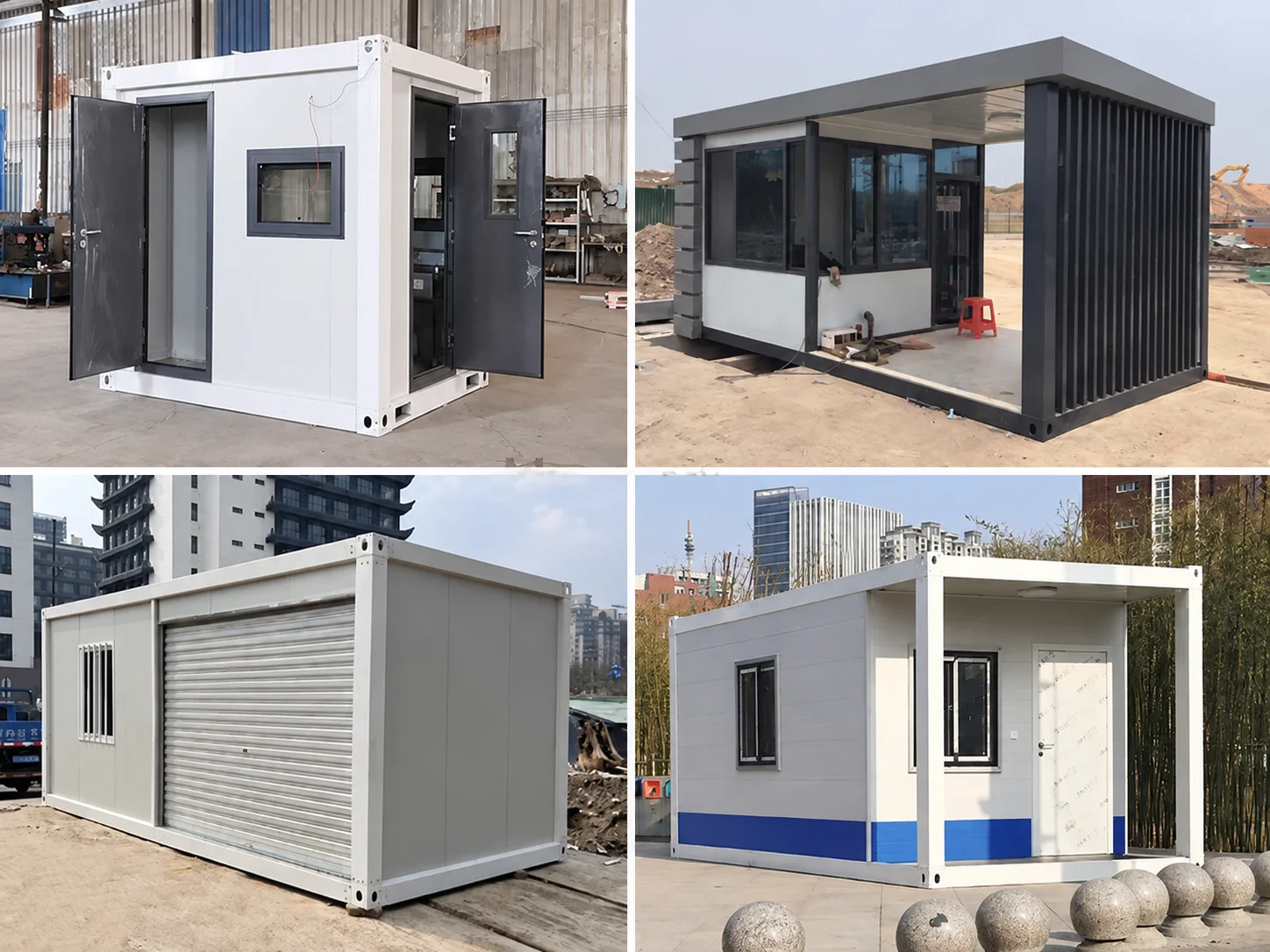 Reference montage of small cabins with different doors and windows