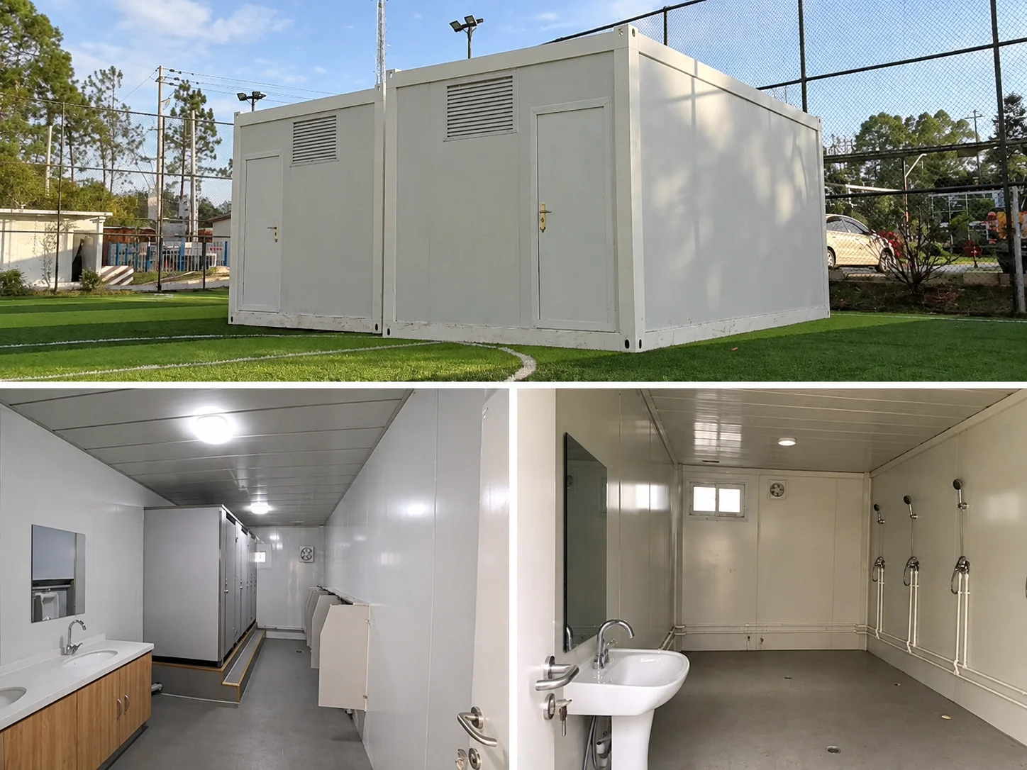 Reference montage of a washroom module exterior and its interior fittings