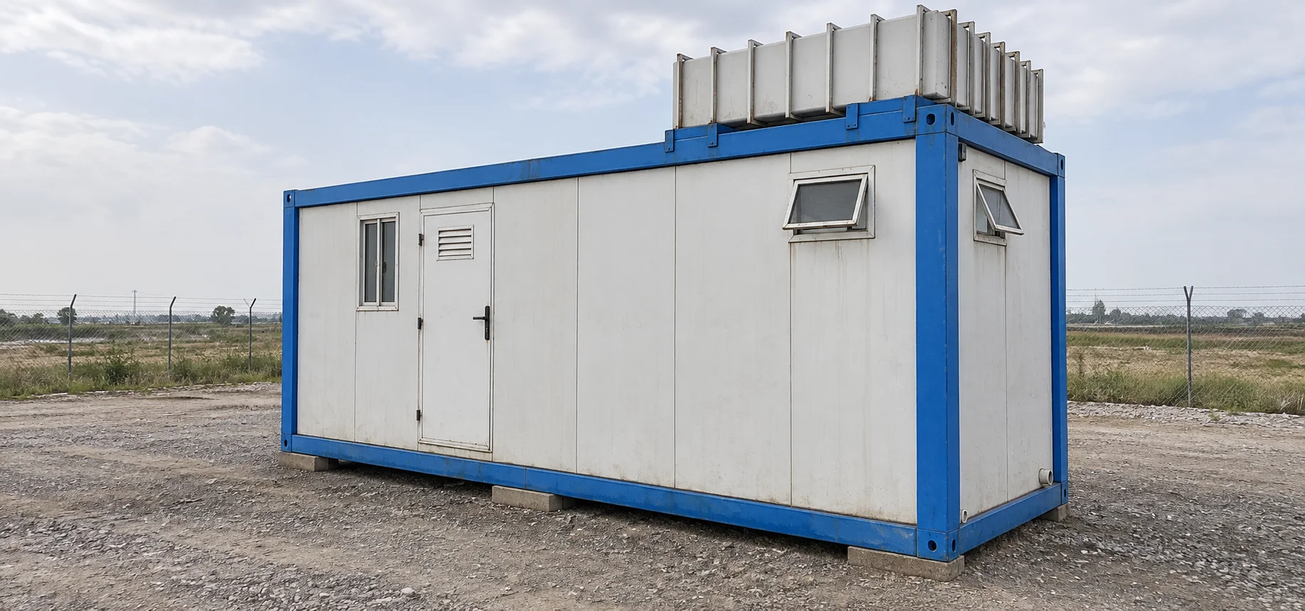Reference white modular cabin with a blue frame and small windows
