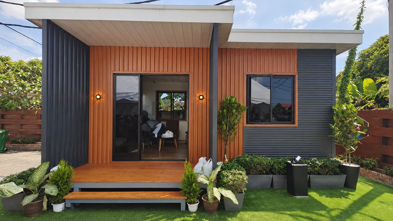 Reference small clad building with a front deck and potted plants