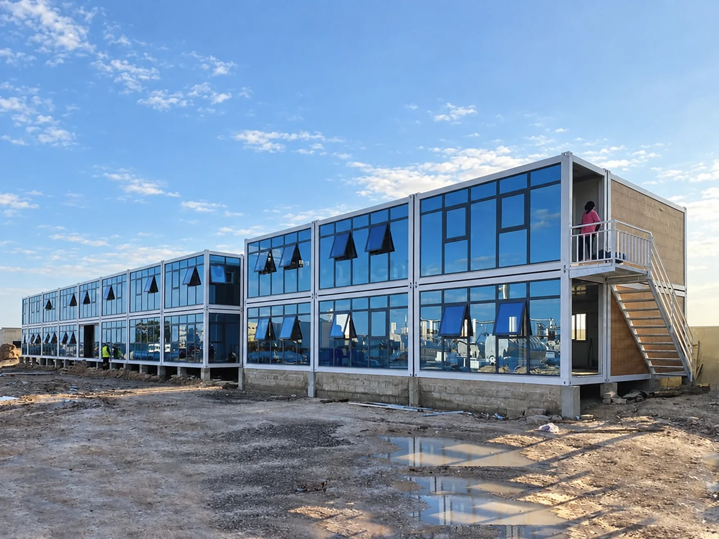 Reference long glazed two-storey modular building on rough ground