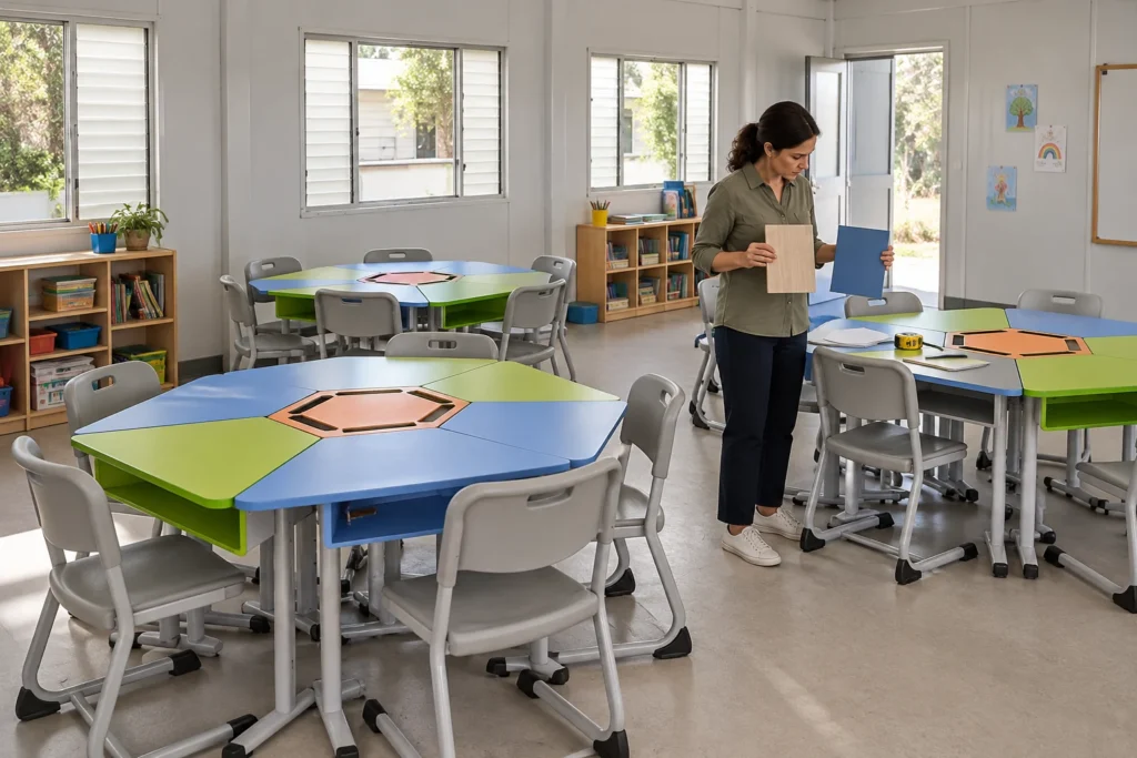 Lehrerin mit Materialproben in einem eingerichteten Modulklassenzimmer