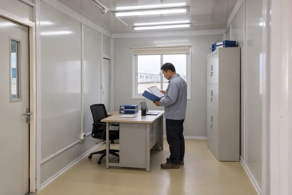 Ein bescheidenes modulares Büro mit Schreibtisch, Aktenordnern und einem Schrank