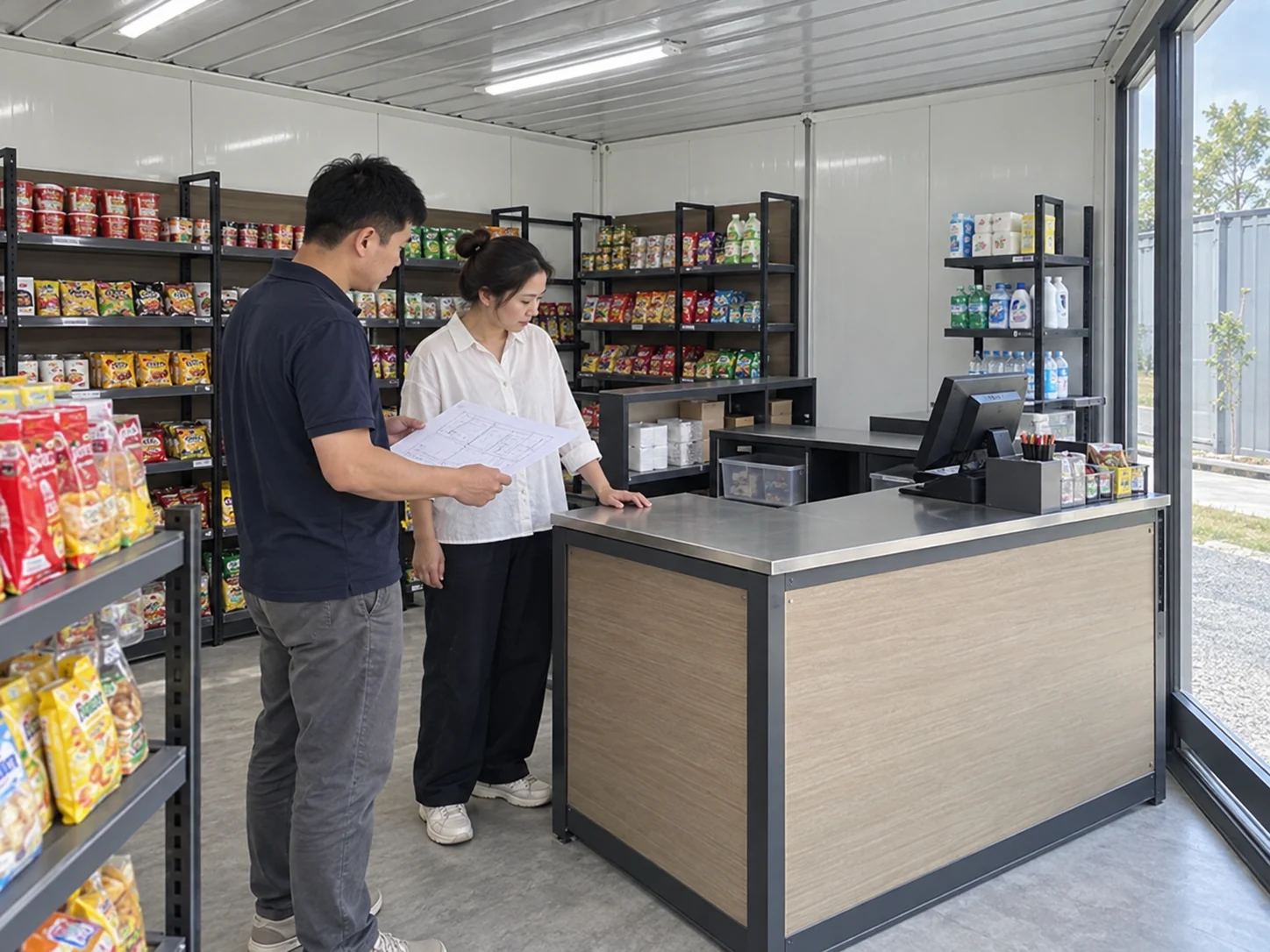Two people beside a retail counter reviewing a plain plan sheet
