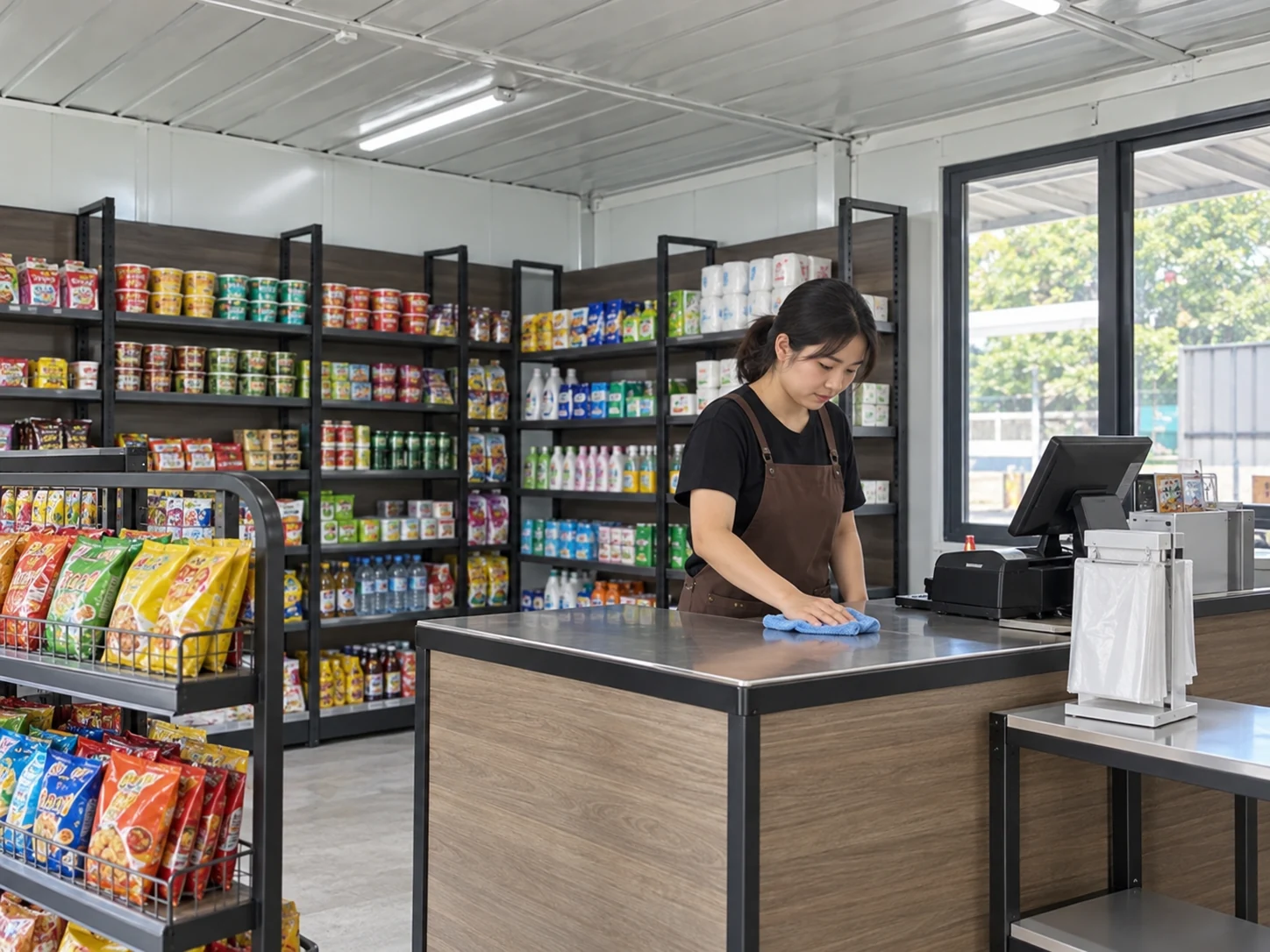 A staff member wiping a plain counter near a bag dispenser on a side shelf