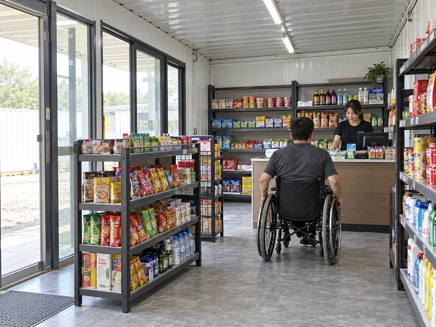 A person using a wheelchair approaching a counter along a clear indoor floor area