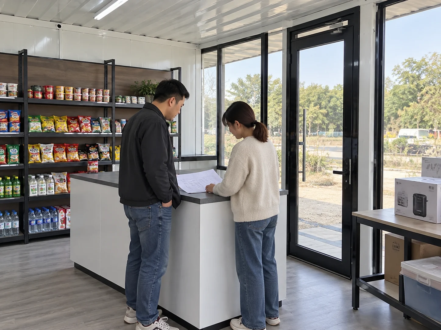 Two people examining a counter and equipment arrangement in a modular room
