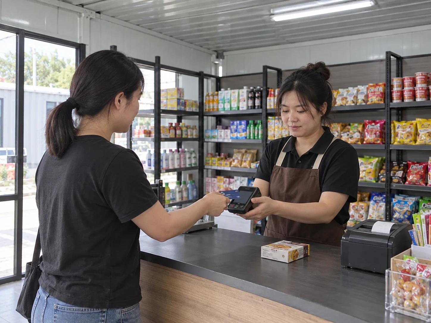 A customer and a staff member using a small payment reader at a retail counter