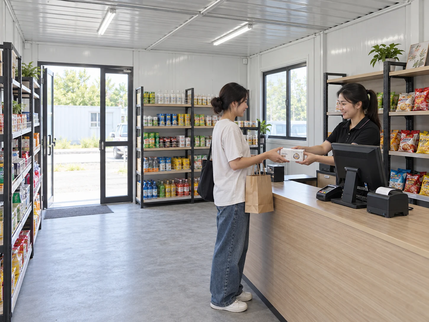 Two people exchanging a small packaged purchase across a simple retail counter