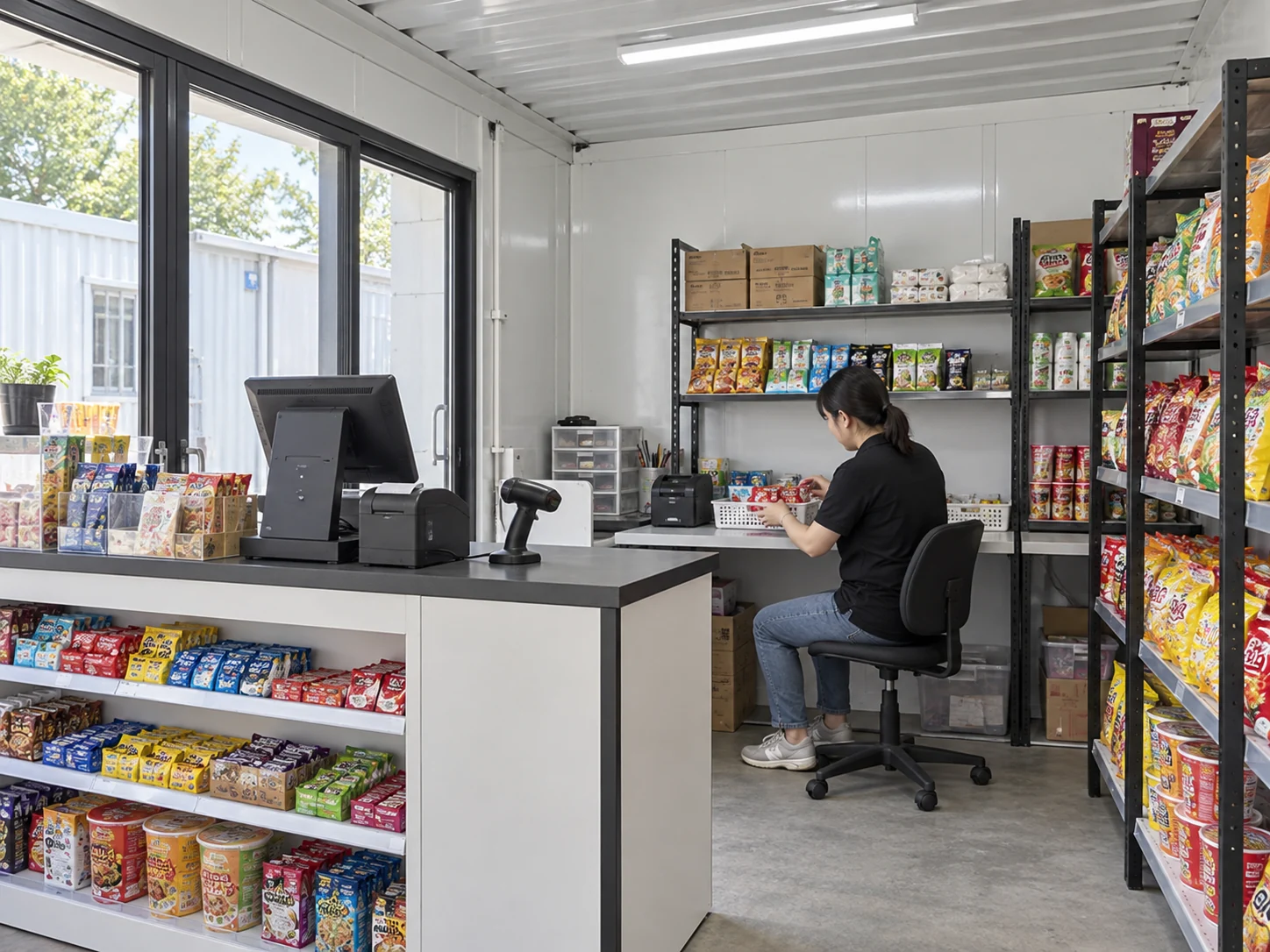 A staff member seated at a plain shop work surface with a tray and reader nearby
