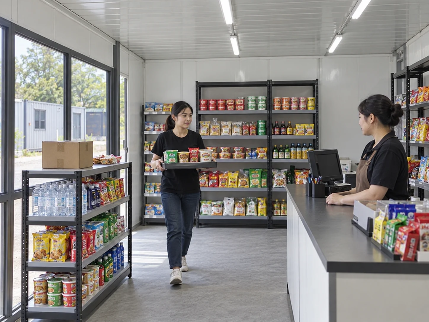 A staff member moving a small tray from a storage shelf toward a counter