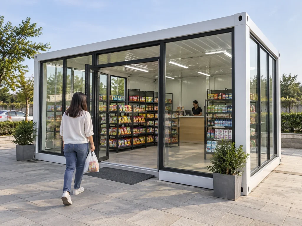 A white modular retail shop with glazing and merchandise visible inside