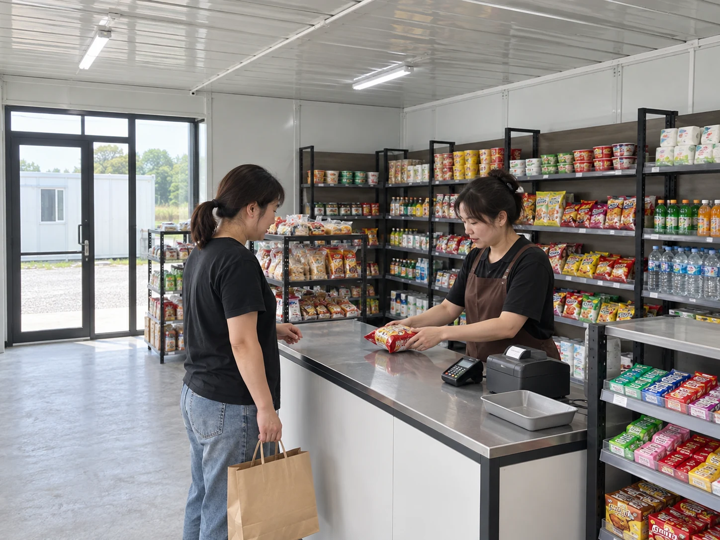 Two people checking an item and handover position at a simple retail counter