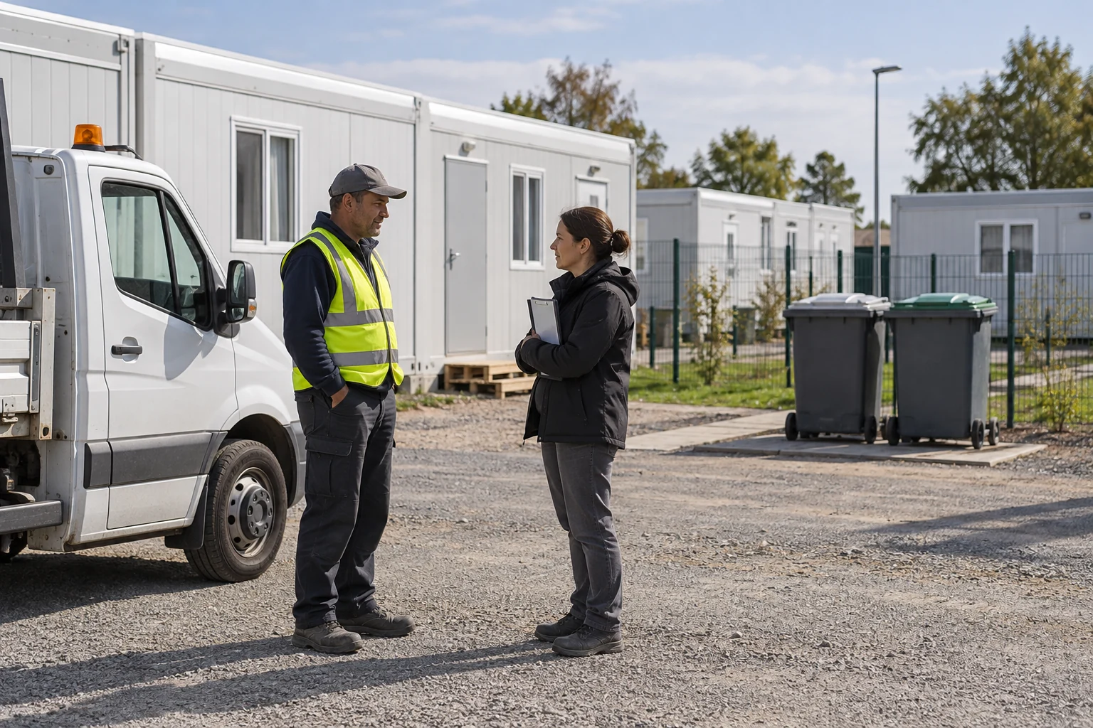 Two adults speak beside a stationary service vehicle near modular homes