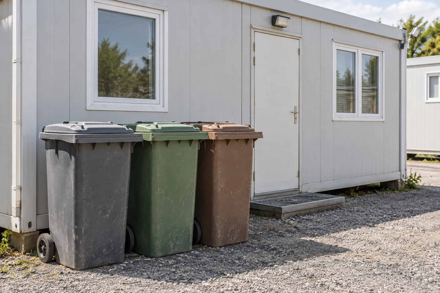 Separate closed lidded containers beside a modest modular residential area