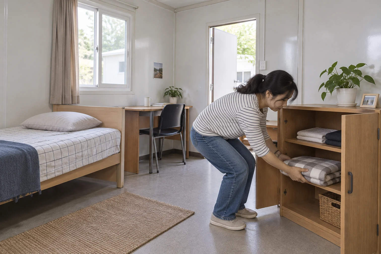 Adult placing a folded blanket onto a low open cupboard shelf in a modular room