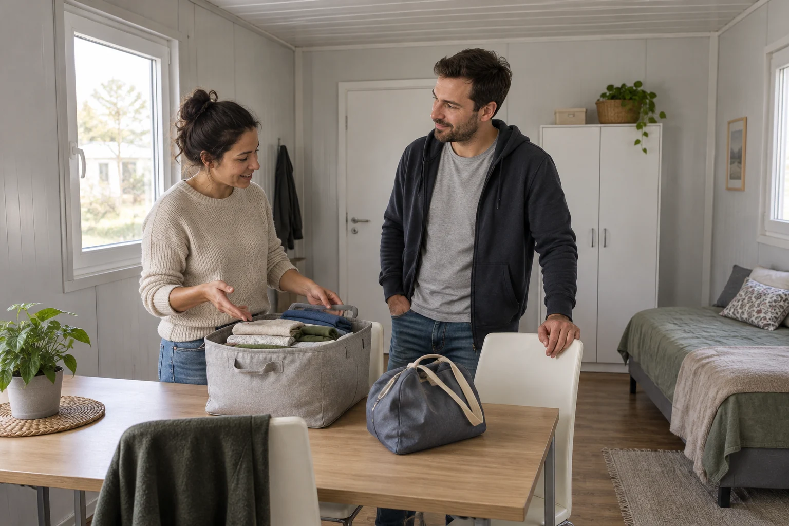 Two adults discussing a basket of clothing and a small household bag in a modular room