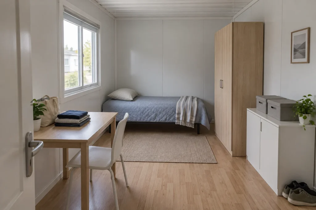 Schlichter modularer Raum mit Einzelbett, geschlossenem Schrank und alltäglichen Haushaltsgegenständen