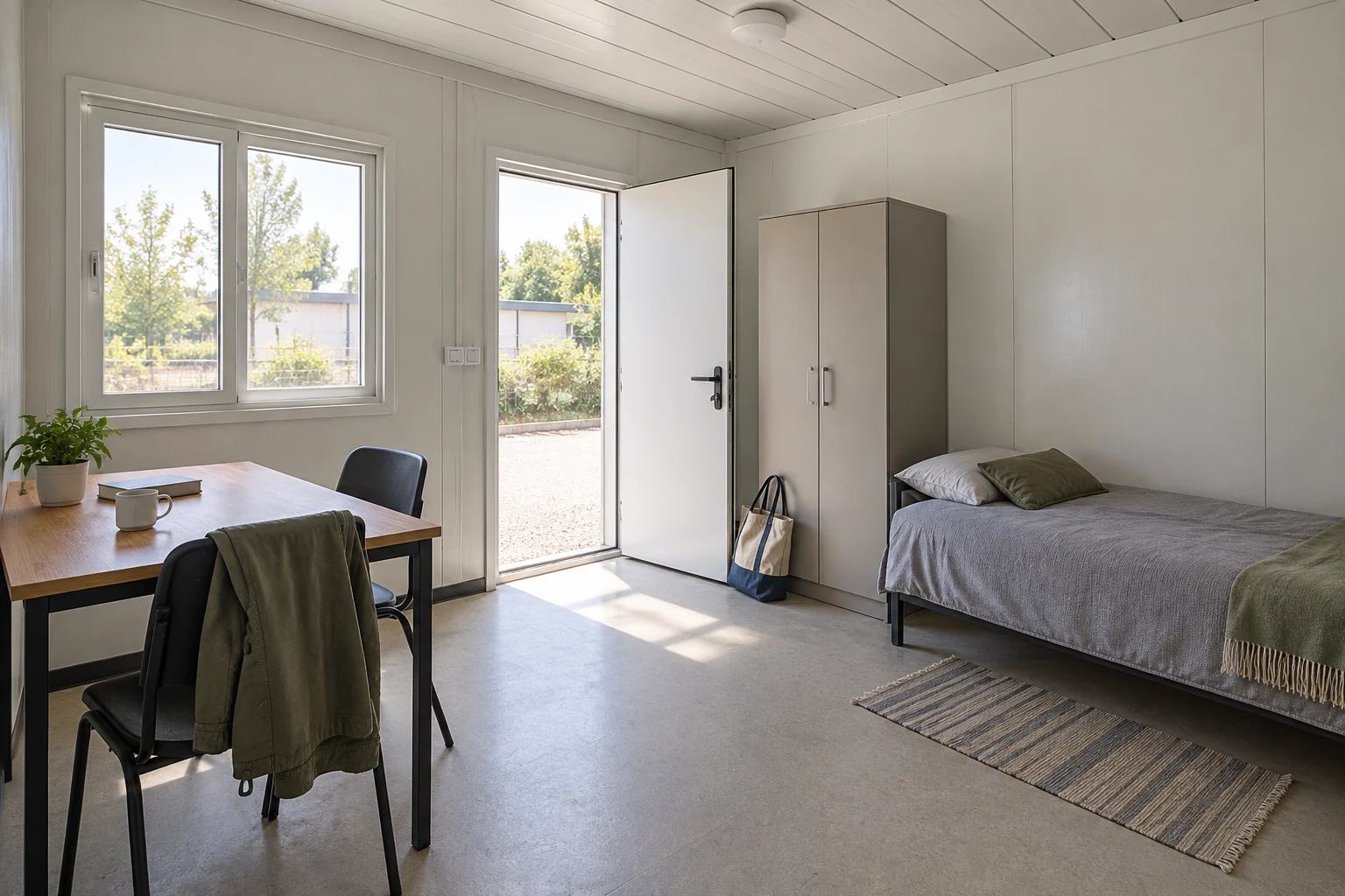 Single bed, small table and closed storage furniture in an ordinary modular household room