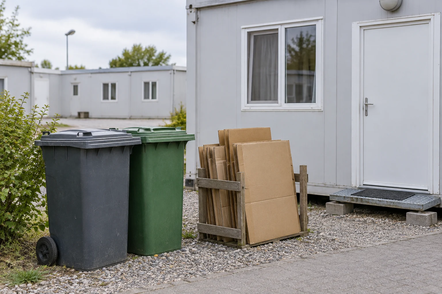 Flattened cardboard packaging is held separately from closed household refuse containers