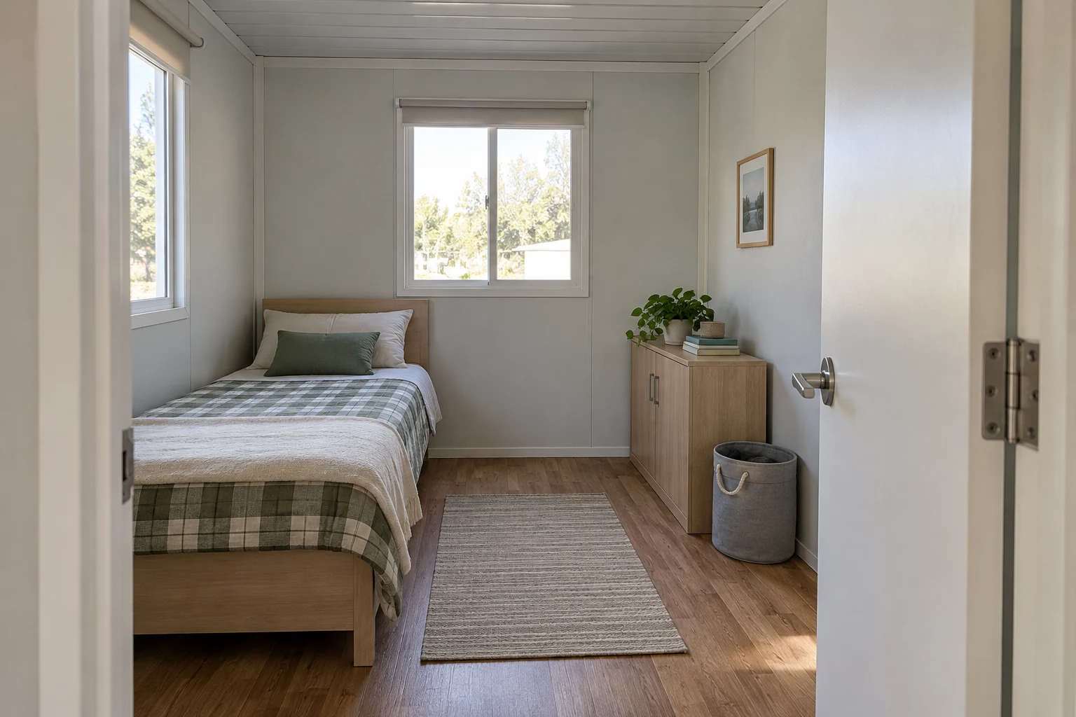 Open room door beside a bed and low storage cupboard in a modular household room