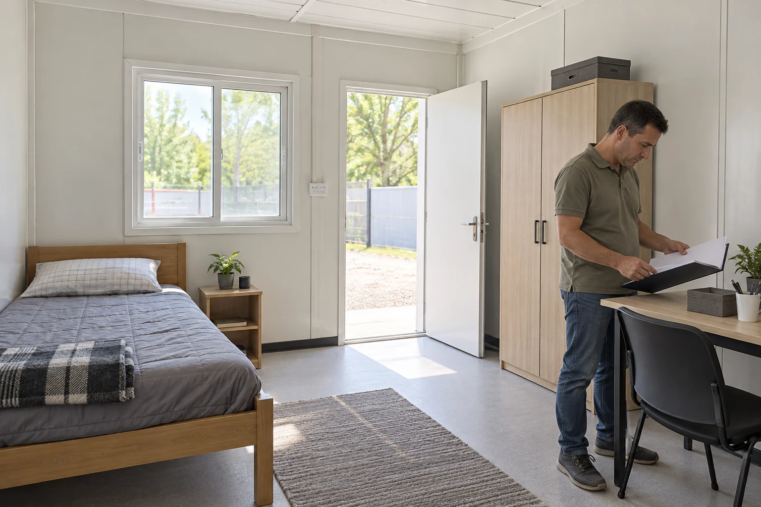 Adult reviewing an open plain folder beside a closed wardrobe and single bed in a modular room