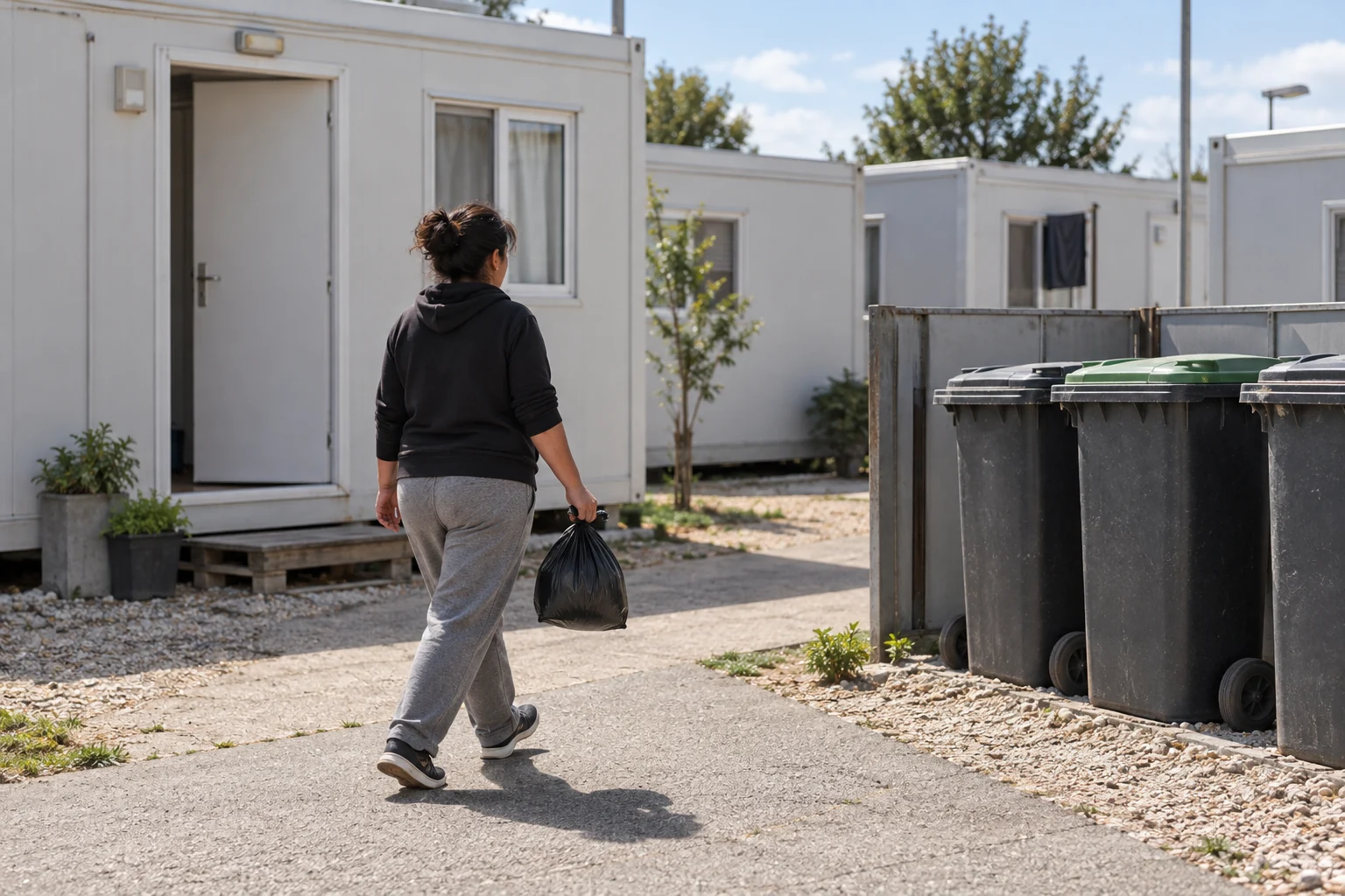 An adult carrying a closed bag approaches a refuse point near modular homes