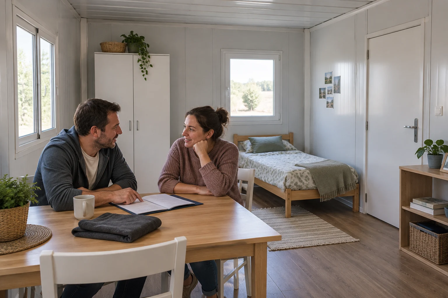 Household storage discussion at a small table with bed and cupboard visible