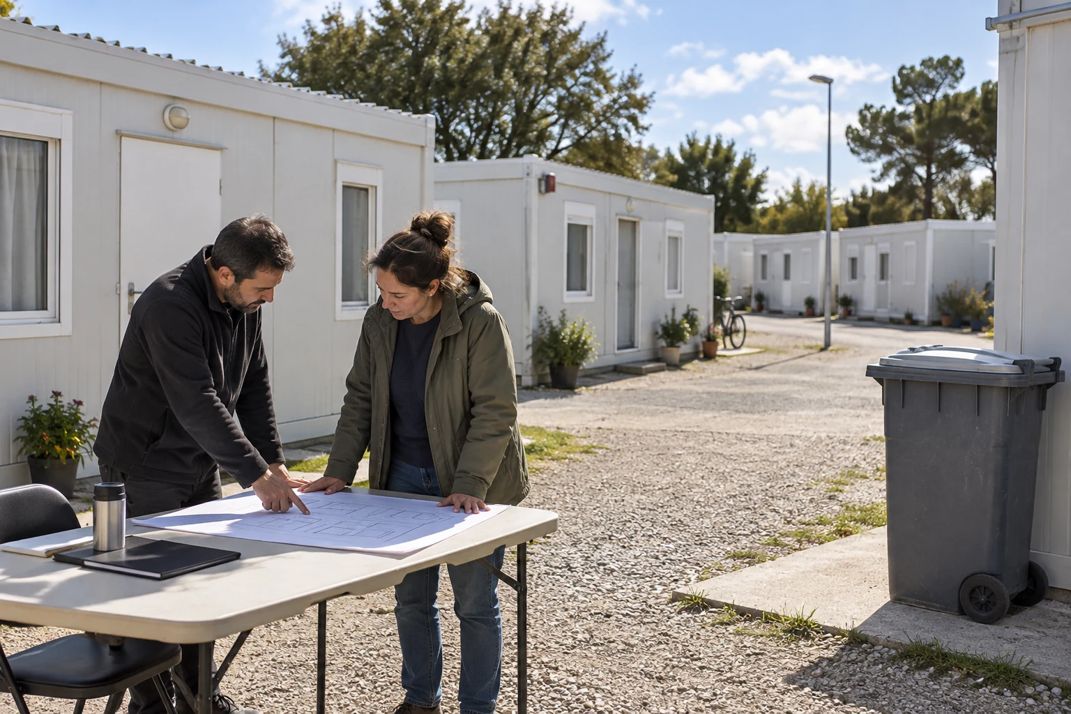 Two adults review a layout beside modular housing and a refuse container