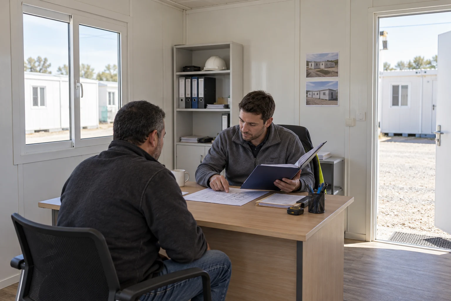 Two adults review a folder and layout in a plain modular office
