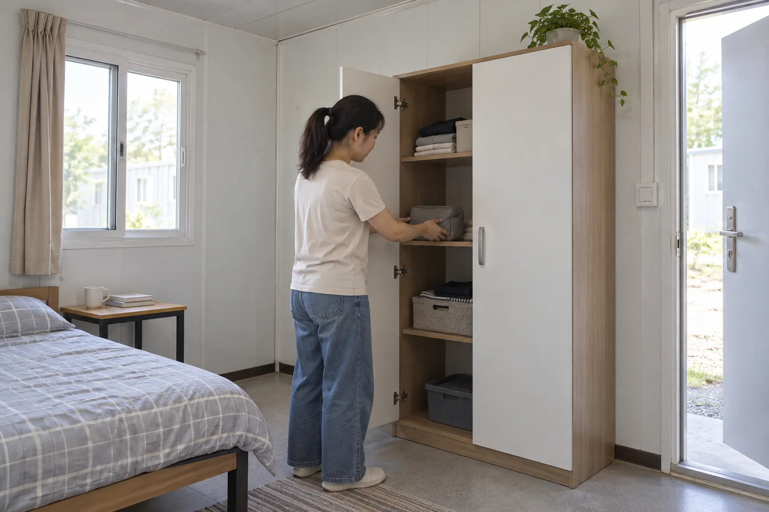 Adult placing a fabric pouch onto the middle shelf of a freestanding cupboard with one door open