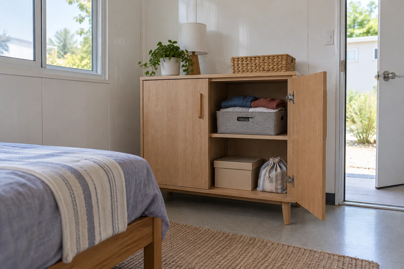 Open low cupboard with folded clothing, a closed box and a cloth pouch in a modular room