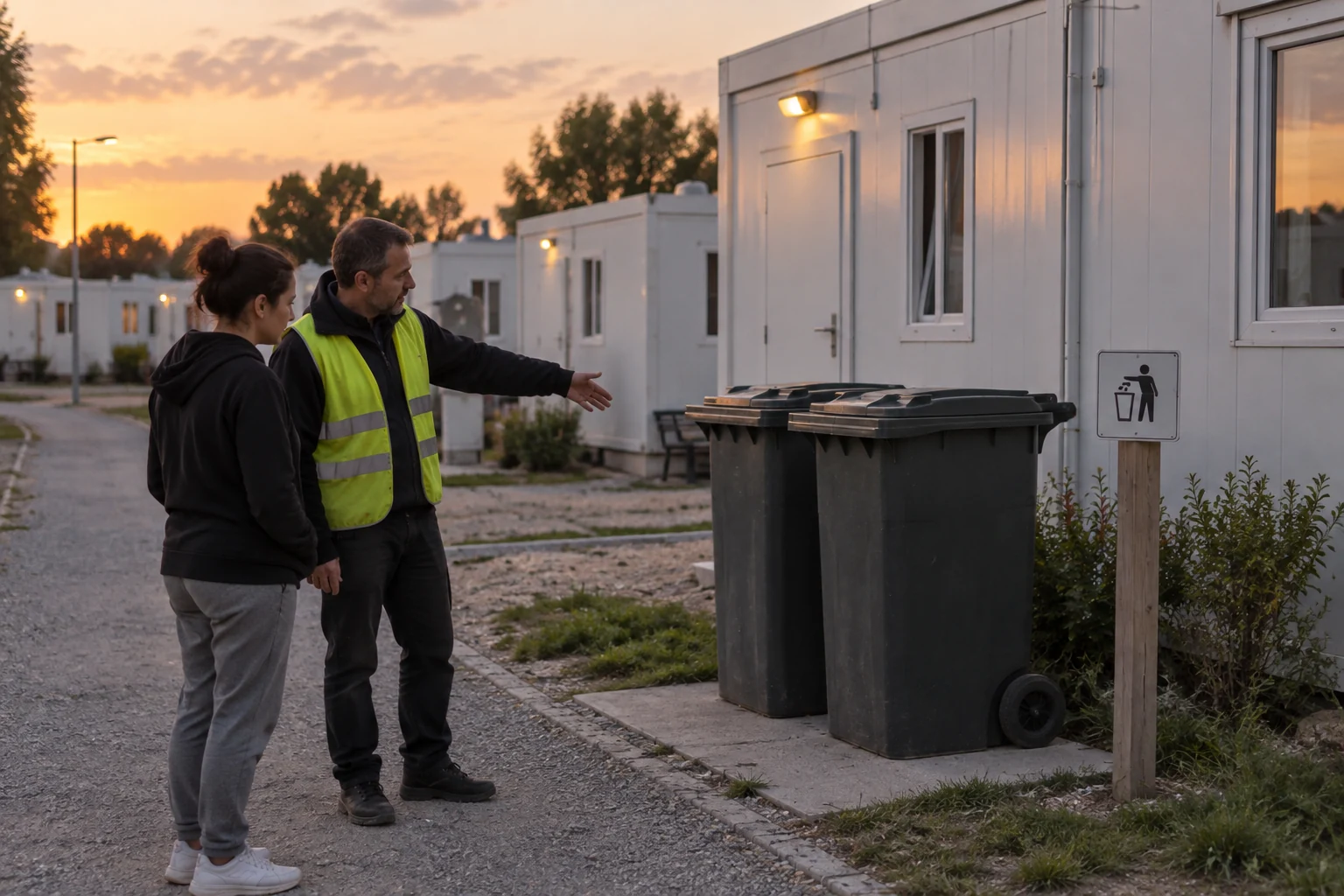 Two adults identify a refuse point in evening light