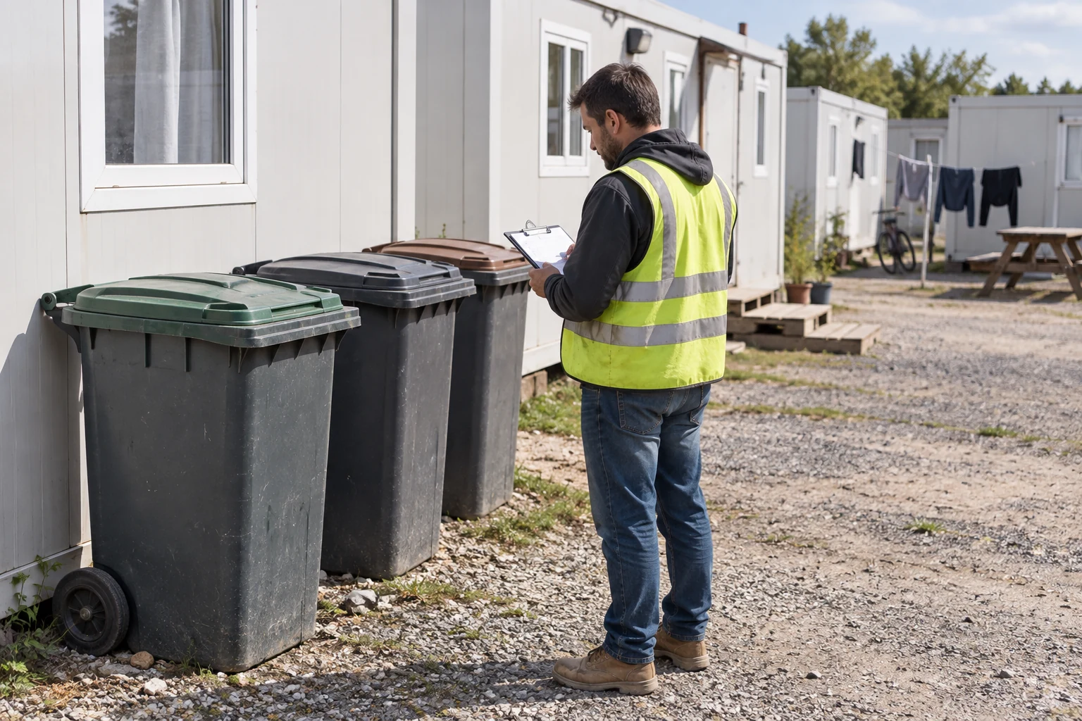 An adult with a clipboard checks closed refuse containers