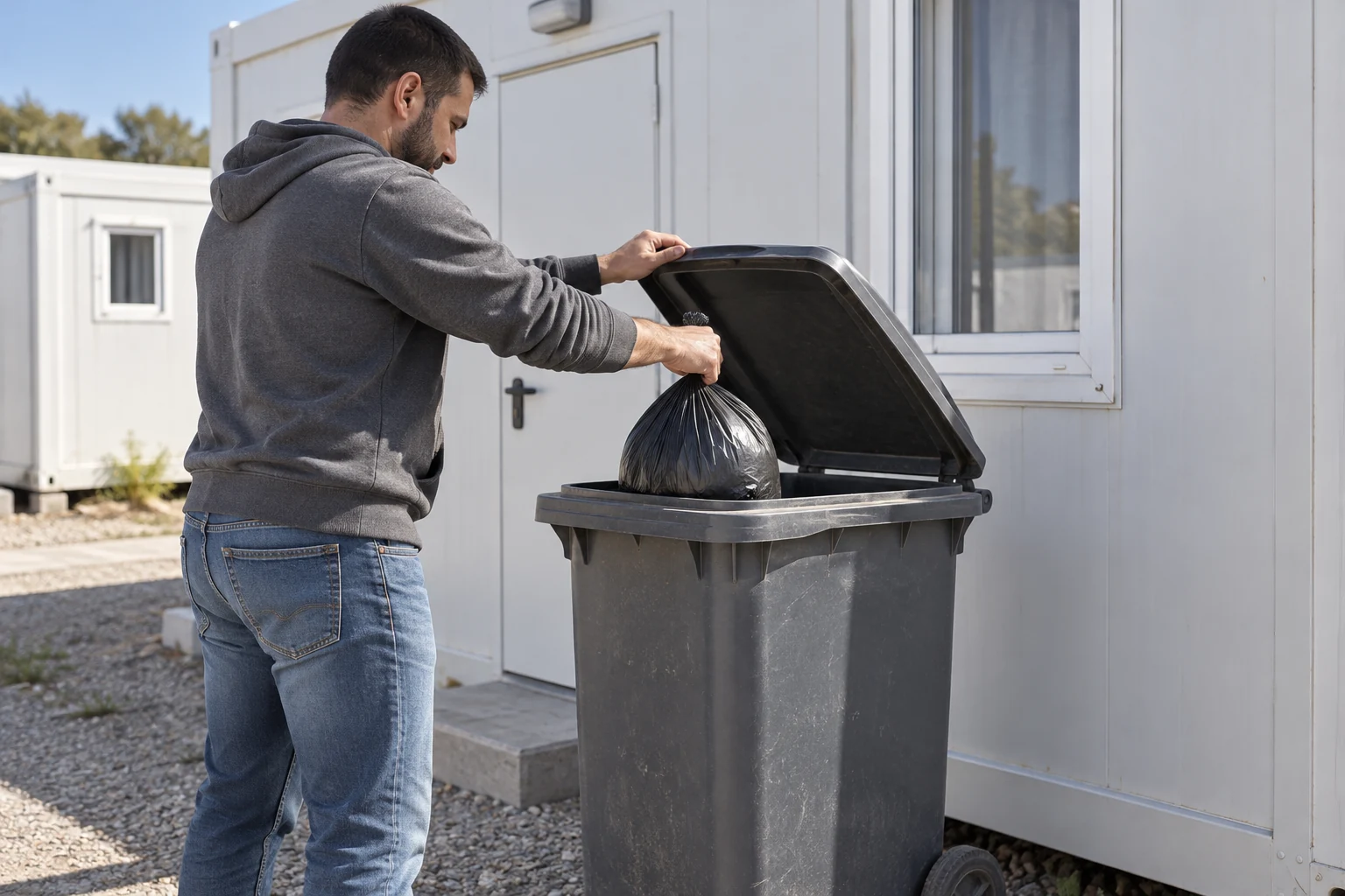 An adult lowers a closed bag into an open refuse container