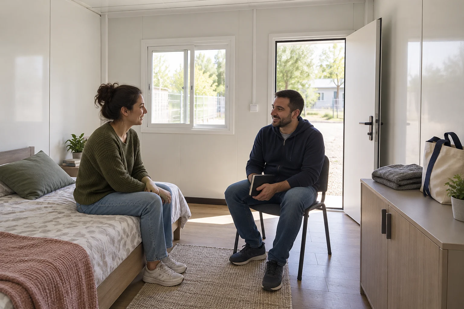 Two adults discussing everyday storage beside a bed and low cupboard