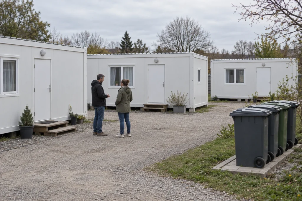 Two adults discuss a refuse point beside simple modular homes