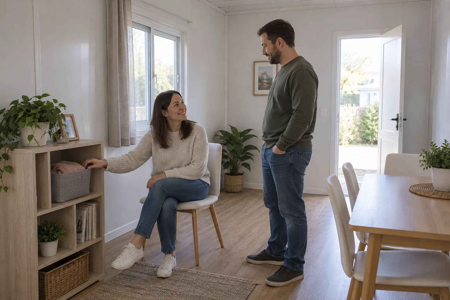 Seated adult touching a basket on a low shelf while talking with another adult in a modular room