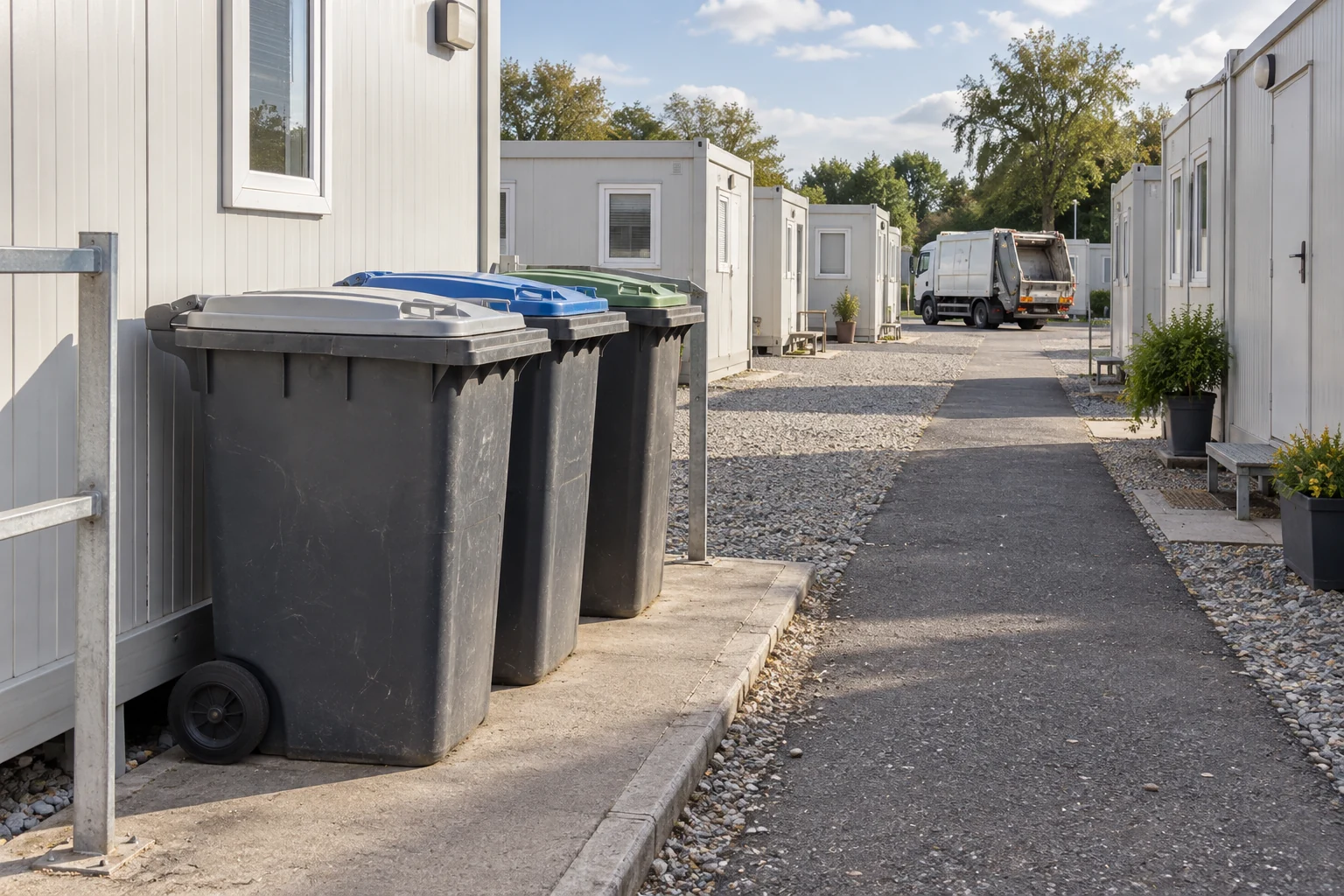 Closed wheelie bins beside modular homes with a stationary truck in the distance