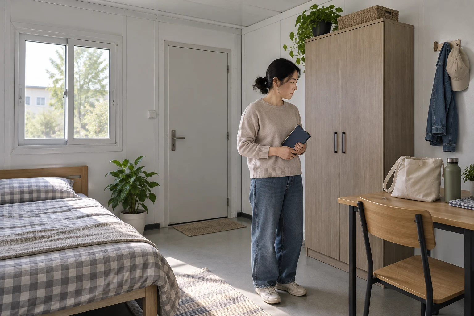 Adult looking at a closed cupboard and an everyday bag beside a small table