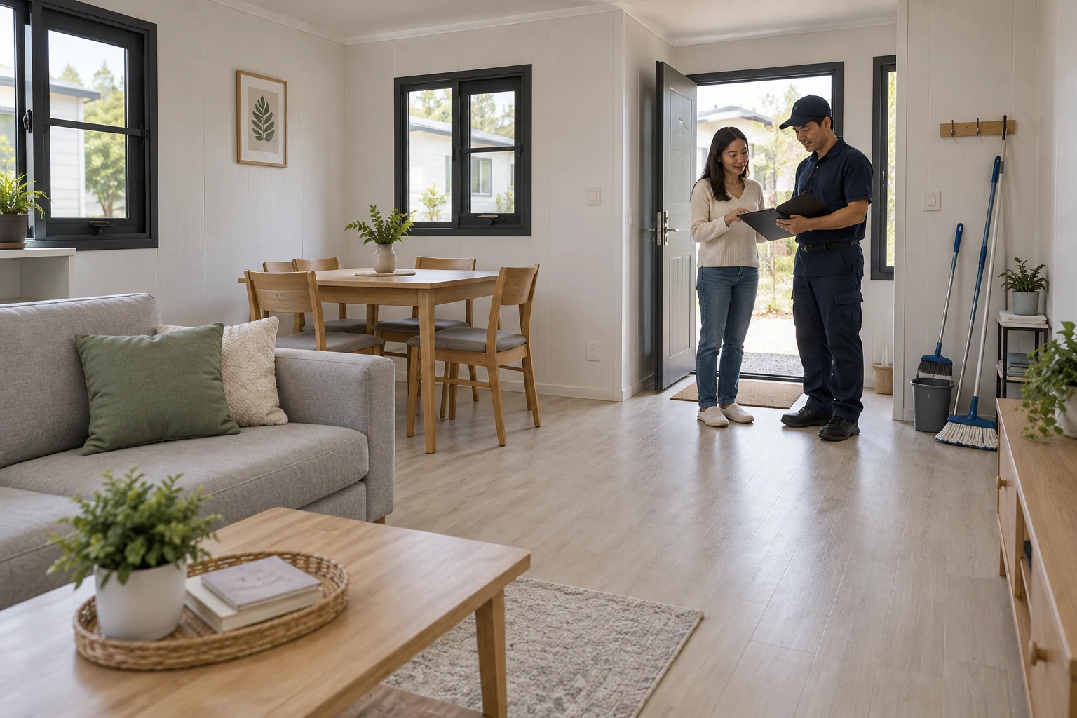 Ein Hausbesitzer und eine Reinigungskraft besprechen Pflegedokumente in einem bescheiden möblierten Zimmer.