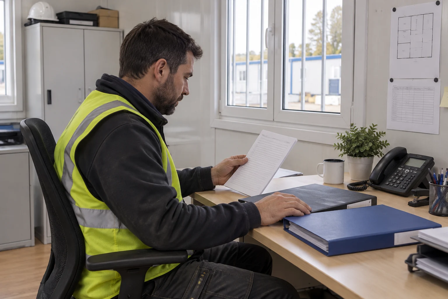A site coordinator compares a paper register with drawing folders