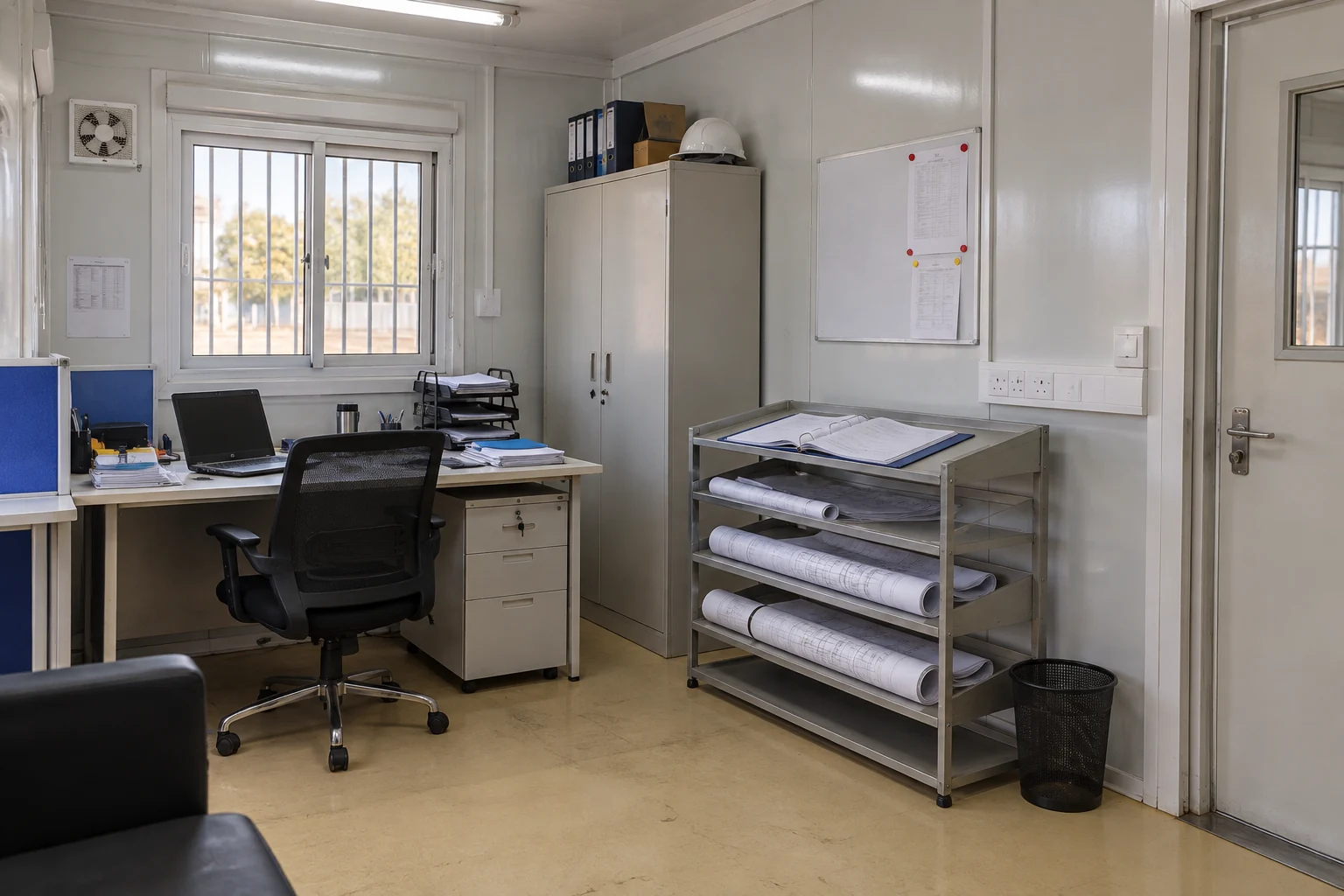 Paper drawings and an open binder in a modular site-office rack