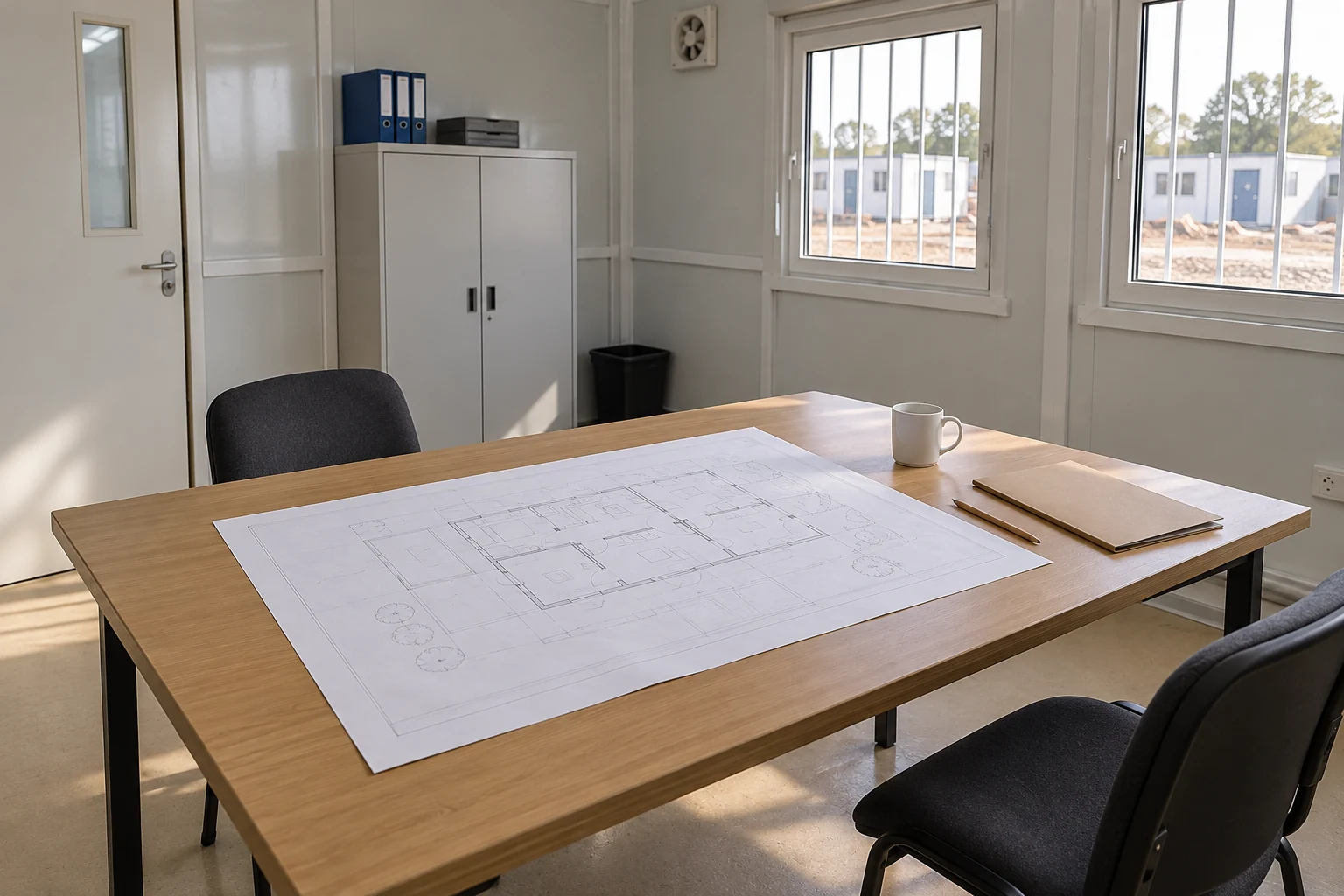 A large drawing sheet laid open on a practical site office table